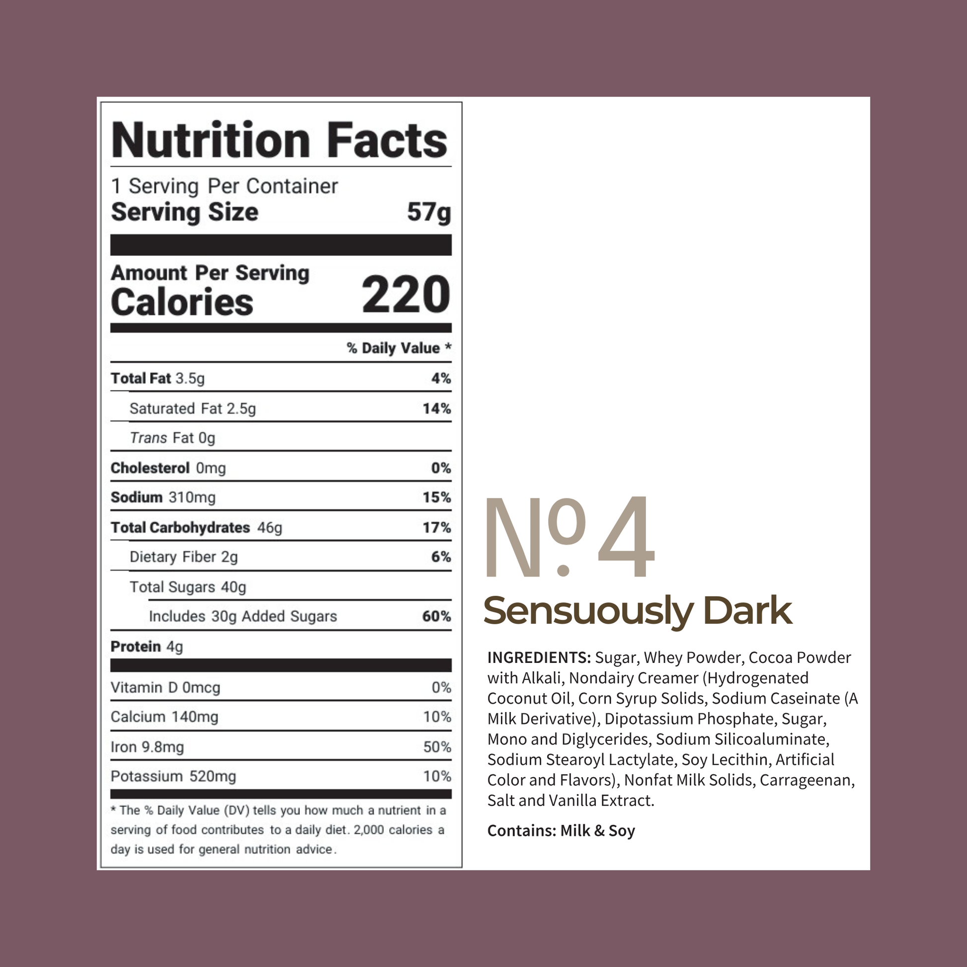 Nutrition Facts label for Cup of Coa No. 4 Sensuously Dark cocoa.