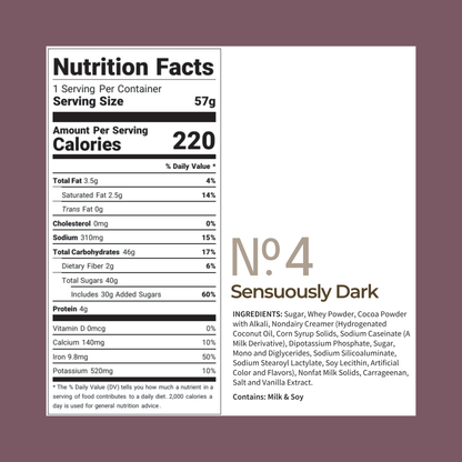 Nutrition Facts label for Cup of Coa No. 4 Sensuously Dark cocoa.