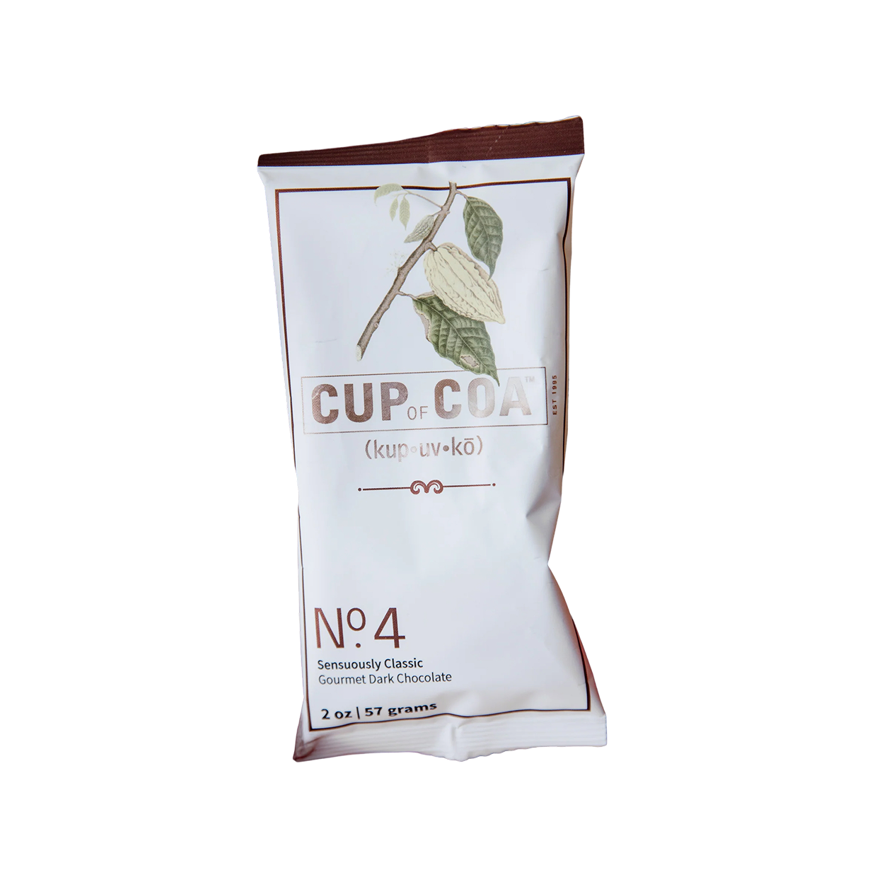 Single-serve packet of Cup of Coa No. 4 Sensuously Dark cocoa on a transparent background.