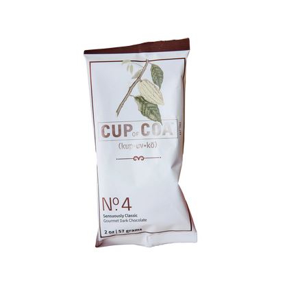 Single-serve packet of Cup of Coa No. 4 Sensuously Dark cocoa on a transparent background.